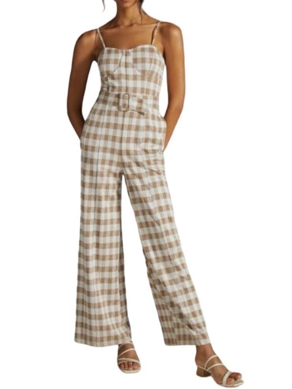 En Saison Anthropologie Beige & White Gingham Belted Wide-Leg Jumpsuit
